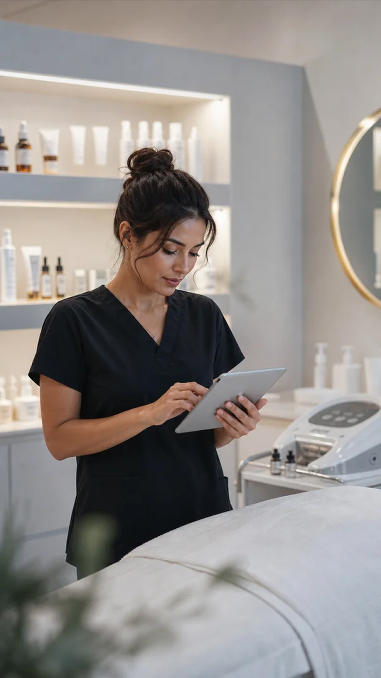 Clinic staff member using a tablet in a treatment room.