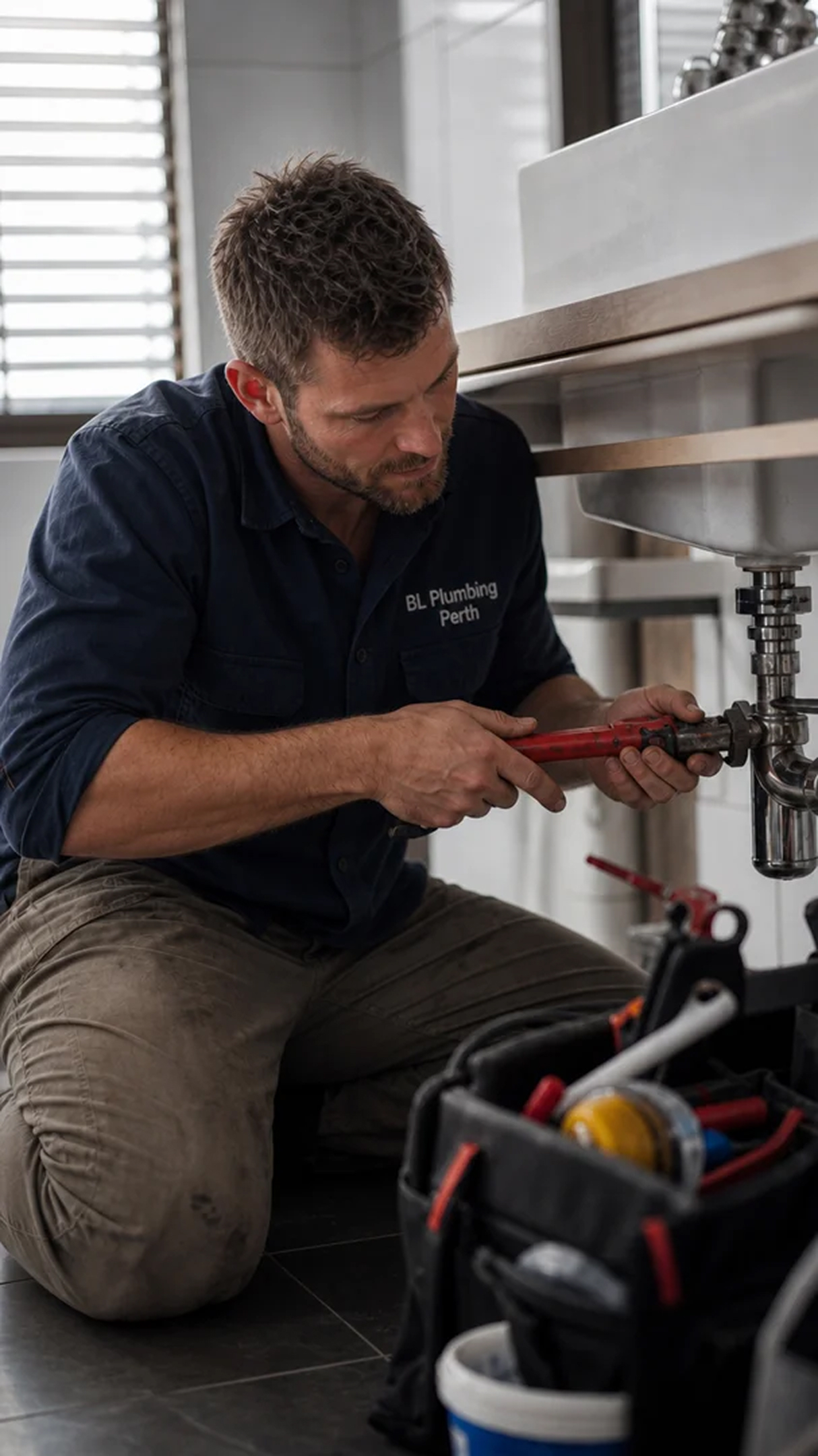 Plumber working under a sink with tools nearby.
